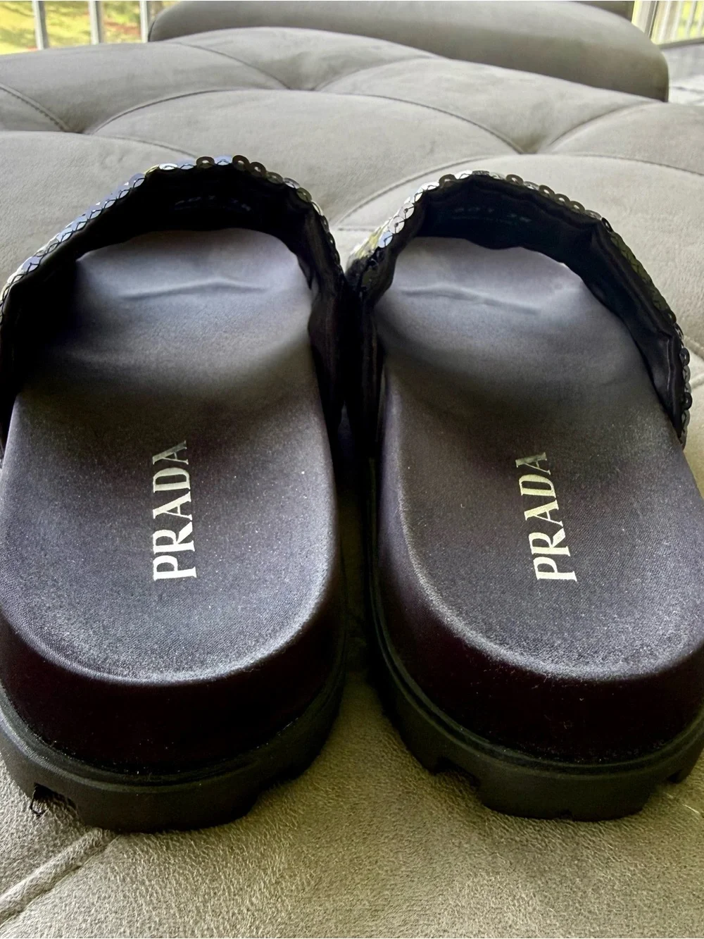 Prada Black Sequin Logo Slide Sandals
